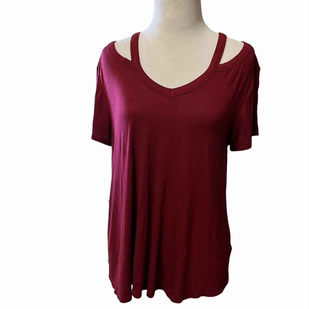 Mossimo burgundy or wine colored drapey shirt with cut outs, medium